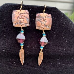 Artisan Copper and Purple Glass Beads Southwestern Earrings Signed by Kyle 3 “